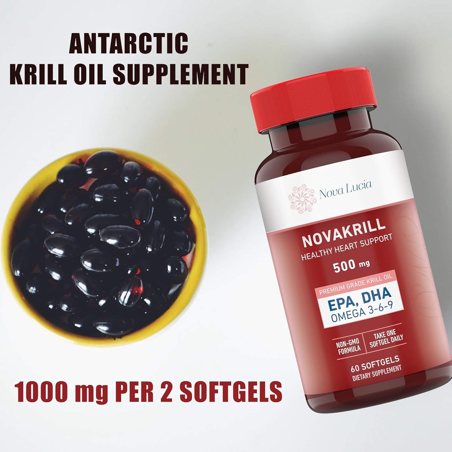 Premium Nova Lucia Krill Oil Supplement with Omega 3 6 9, 60 Red Liquid Softgels, High EPA DHA Astaxanthin, No Fishy Aftertaste, 1000mg per 2 Softgels