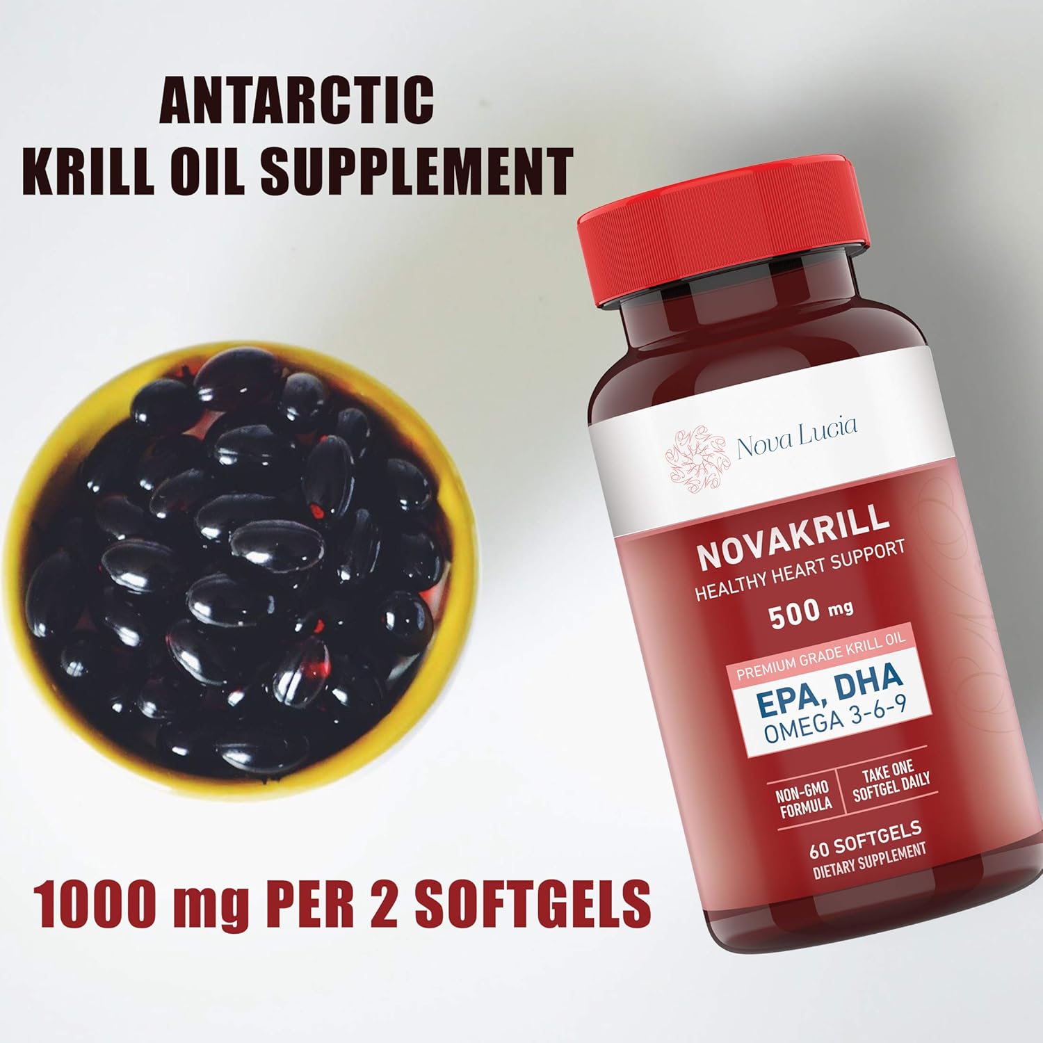 Premium Nova Lucia Krill Oil Supplement with Omega 3 6 9, 60 Red Liquid Softgels, High EPA DHA Astaxanthin, No Fishy Aftertaste, 1000mg per 2 Softgels