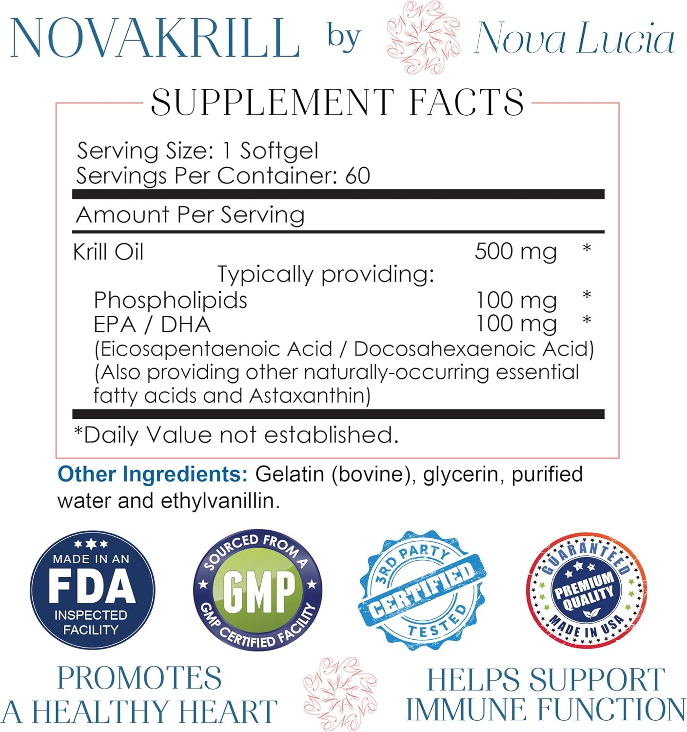 Premium Nova Lucia Krill Oil Supplement with Omega 3 6 9, 60 Red Liquid Softgels, High EPA DHA Astaxanthin, No Fishy Aftertaste, 1000mg per 2 Softgels