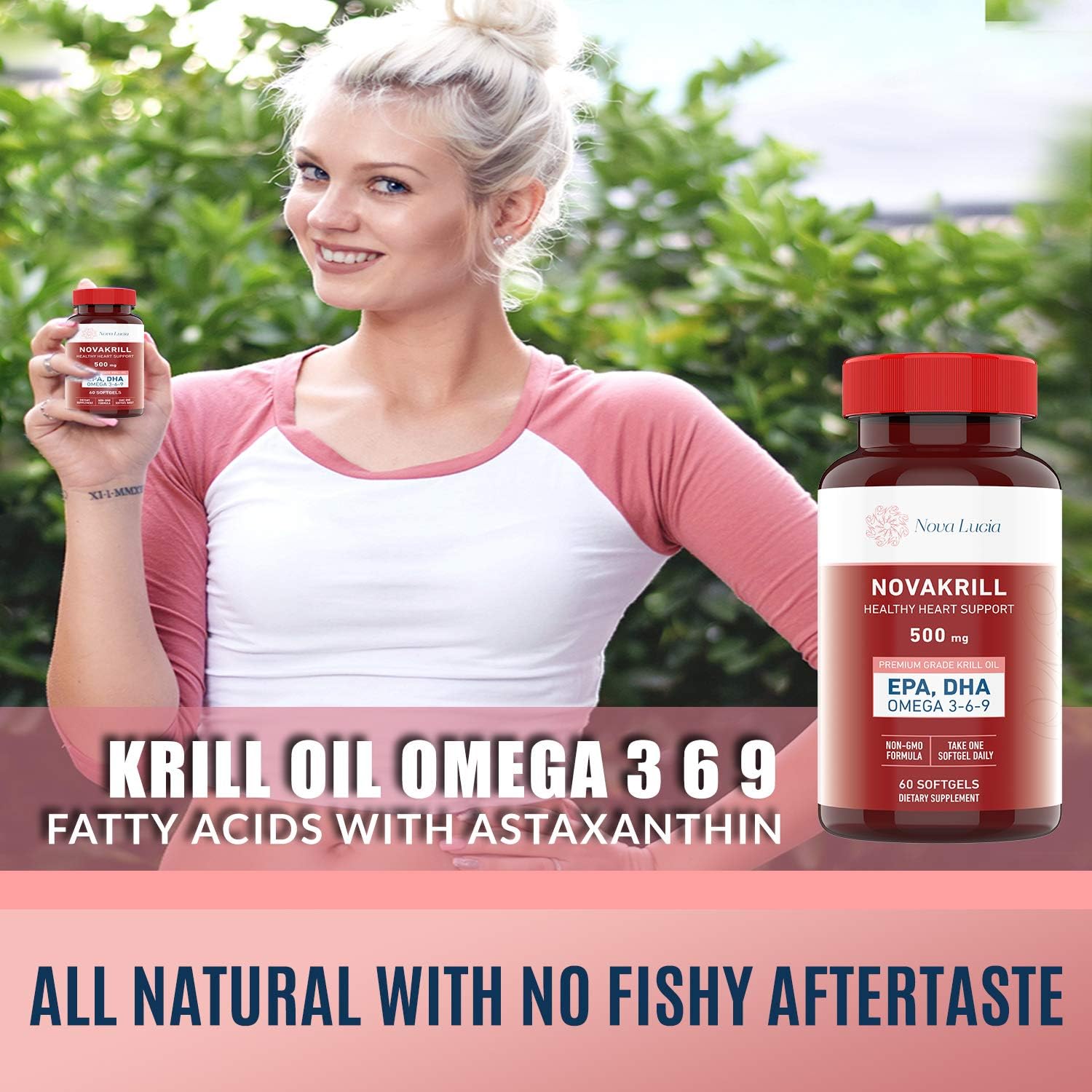 Premium Nova Lucia Krill Oil Supplement with Omega 3 6 9, 60 Red Liquid Softgels, High EPA DHA Astaxanthin, No Fishy Aftertaste, 1000mg per 2 Softgels
