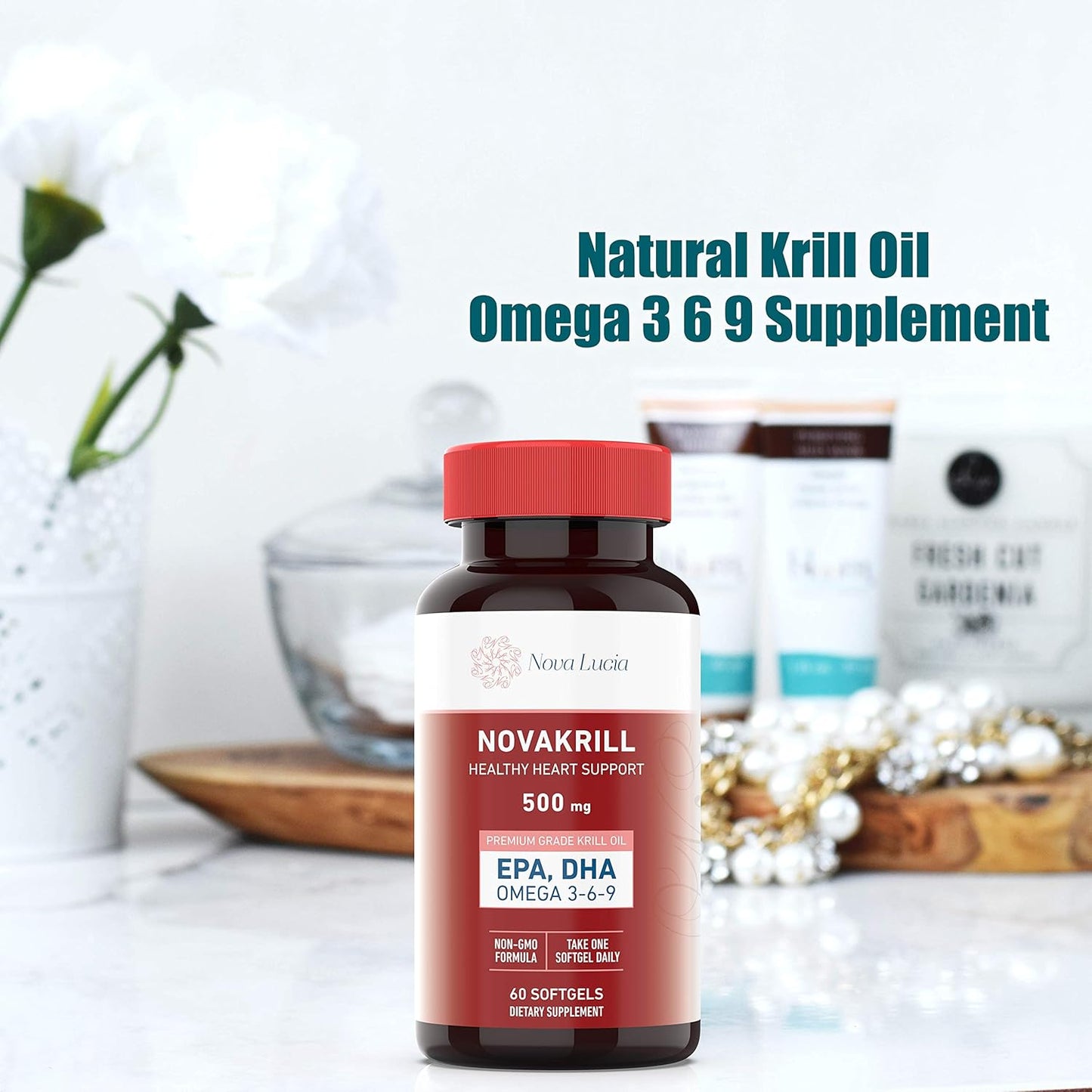 Premium Nova Lucia Krill Oil Supplement with Omega 3 6 9, 60 Red Liquid Softgels, High EPA DHA Astaxanthin, No Fishy Aftertaste, 1000mg per 2 Softgels