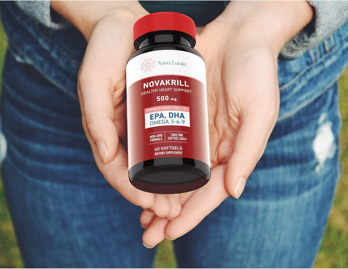 Premium Nova Lucia Krill Oil Supplement with Omega 3 6 9, 60 Red Liquid Softgels, High EPA DHA Astaxanthin, No Fishy Aftertaste, 1000mg per 2 Softgels