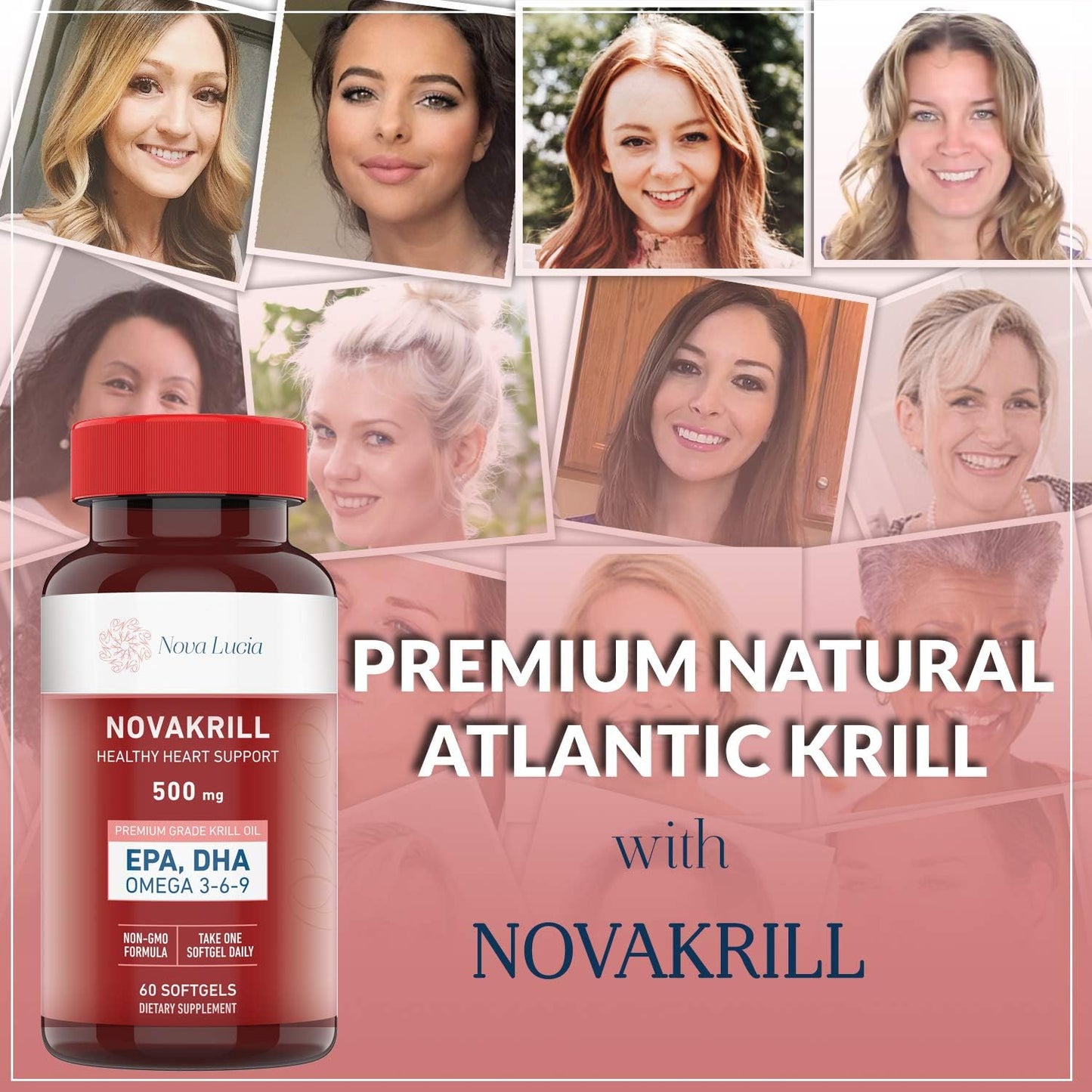 Premium Nova Lucia Krill Oil Supplement with Omega 3 6 9, 60 Red Liquid Softgels, High EPA DHA Astaxanthin, No Fishy Aftertaste, 1000mg per 2 Softgels