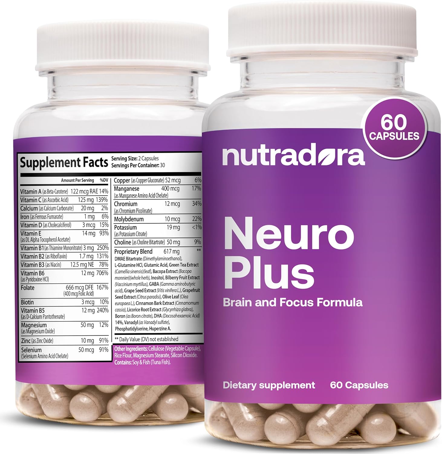 Premium Nutradora Neuro Plus Brain Supplement for Memory, Focus & Energy - 41 Ingredients, DMAE for Concentration - 60 Capsules - USA Made