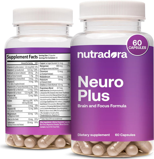 Premium Nutradora Neuro Plus Brain Supplement for Memory, Focus & Energy - 41 Ingredients, DMAE for Concentration - 60 Capsules - USA Made