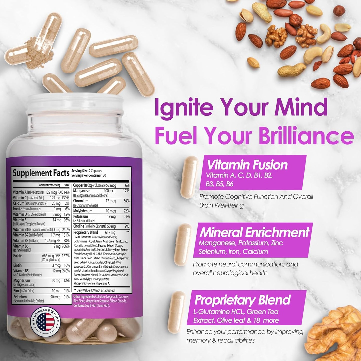 Premium Nutradora Neuro Plus Brain Supplement for Memory, Focus & Energy - 41 Ingredients, DMAE for Concentration - 60 Capsules - USA Made