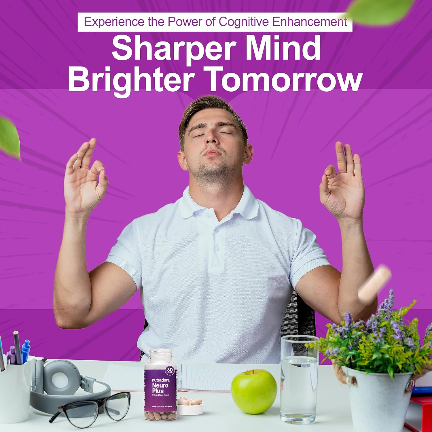 Premium Nutradora Neuro Plus Brain Supplement for Memory, Focus & Energy - 41 Ingredients, DMAE for Concentration - 60 Capsules - USA Made