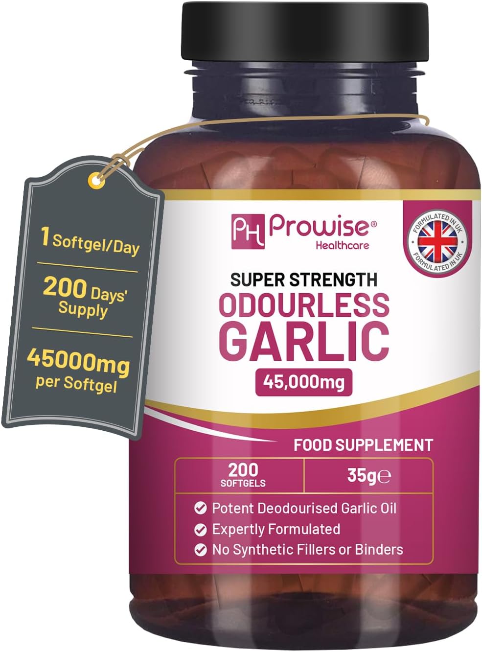 Premium Odourless Garlic Capsules | 45,000mg | 200 softgels | High Strength Cold Pressed Garlic Oil Extract