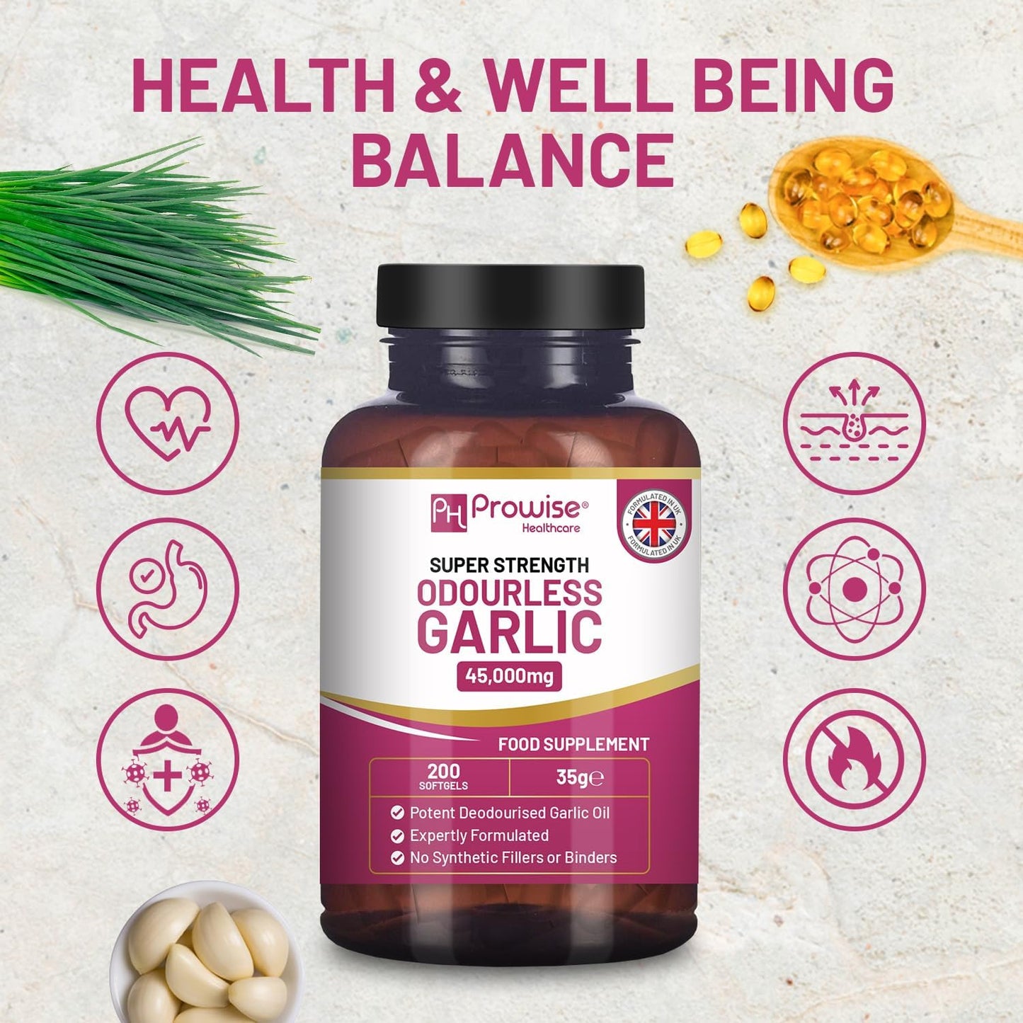 Premium Odourless Garlic Capsules | 45,000mg | 200 softgels | High Strength Cold Pressed Garlic Oil Extract