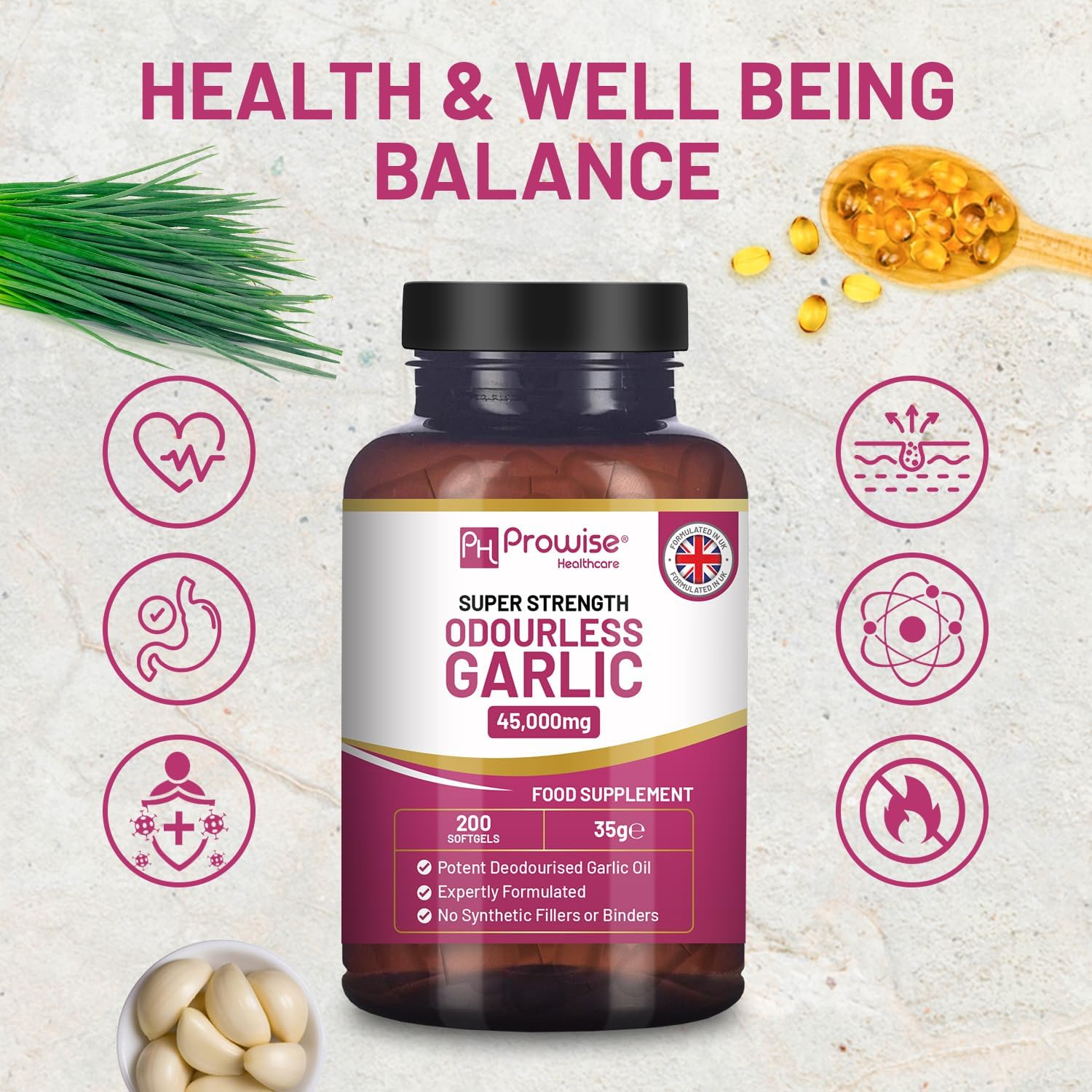 Premium Odourless Garlic Capsules | 45,000mg | 200 softgels | High Strength Cold Pressed Garlic Oil Extract