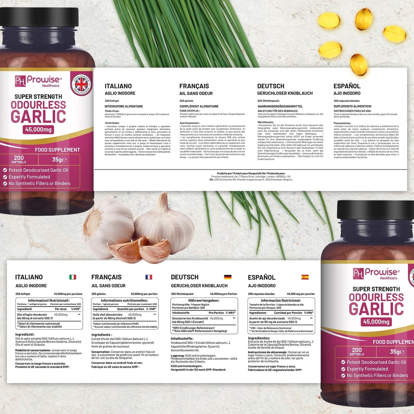 Premium Odourless Garlic Capsules | 45,000mg | 200 softgels | High Strength Cold Pressed Garlic Oil Extract