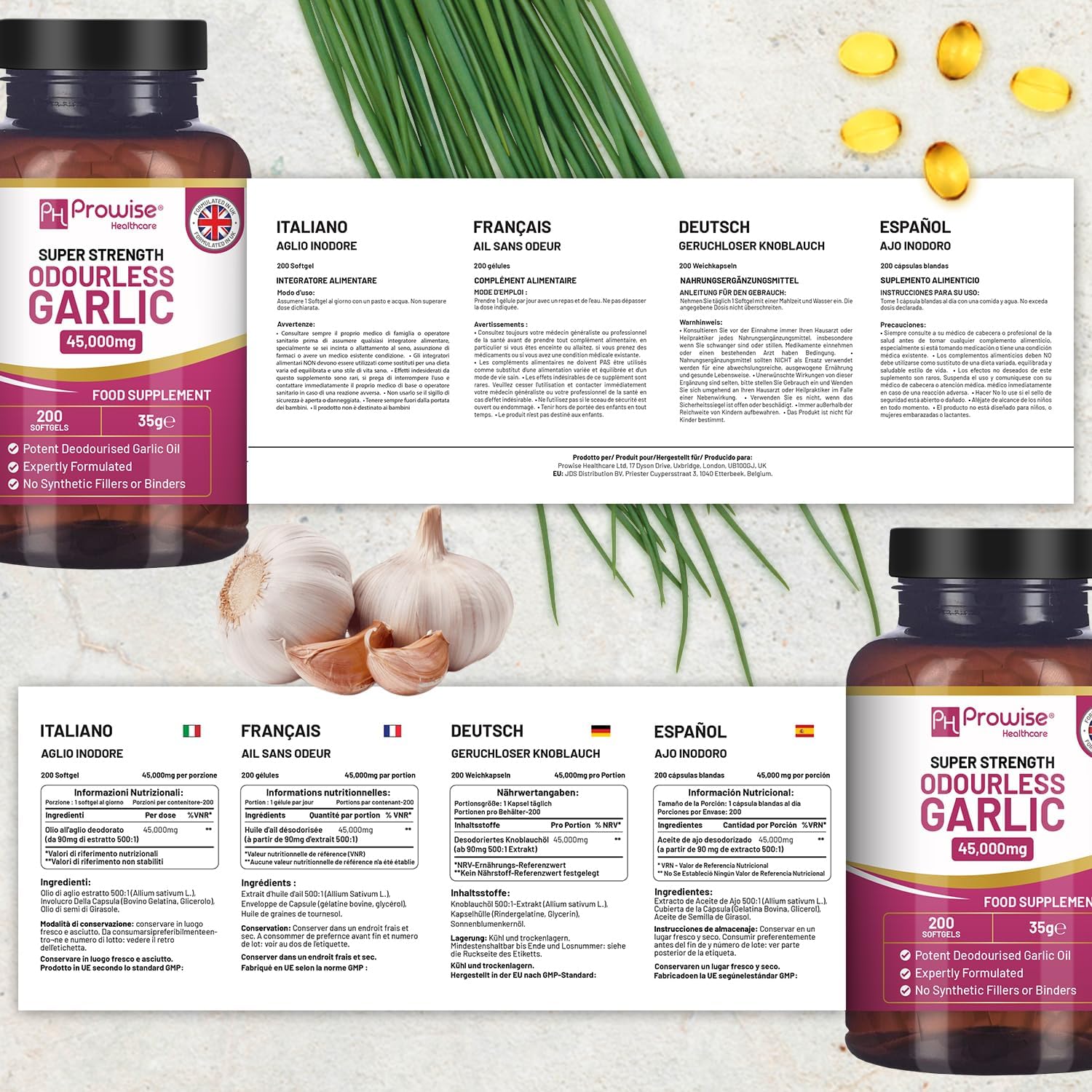 Premium Odourless Garlic Capsules | 45,000mg | 200 softgels | High Strength Cold Pressed Garlic Oil Extract