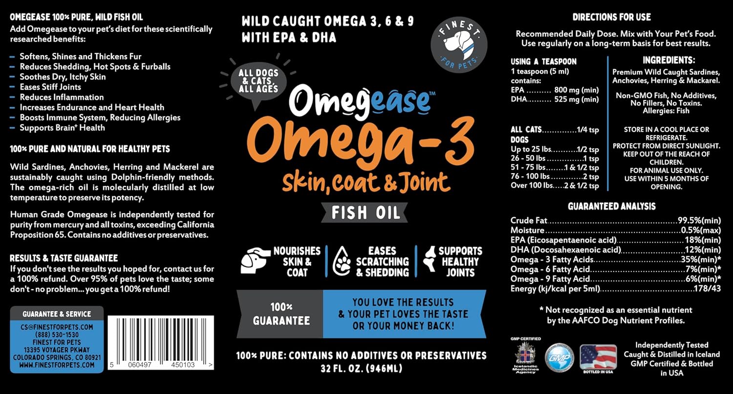 Premium Omega 3 Fish Oil for Dogs & Cats - Skin, Coat, Joints & Immune Health - 32 oz
