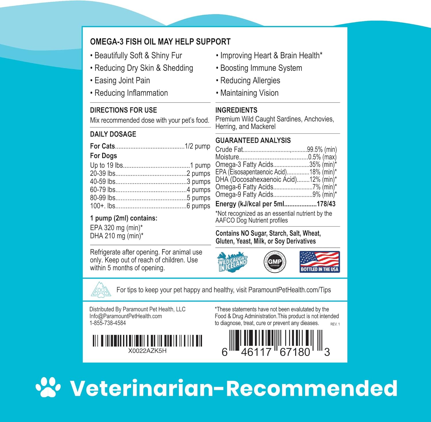Premium Omega 3 Fish Oil Supplement for Dogs and Cats - 16 Ounce Bottle - Paramount Pet Health