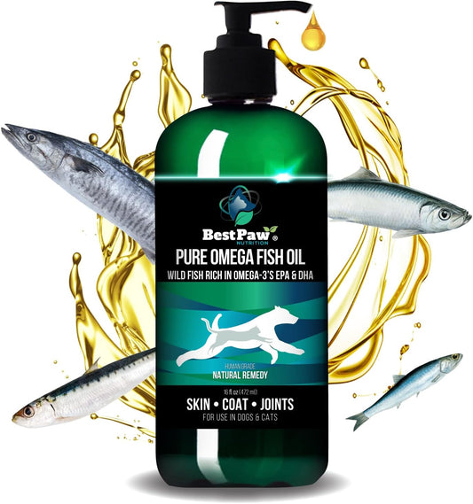 Premium Omega Fish Oil for Dogs, Cats, & Ferrets - Joint Pain Relief, Soft Skin, & Shiny Coat - Liquid Supplement - Omega 3 Pets Love - 16oz