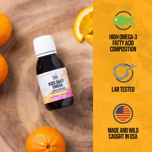 Premium On Target Living Kids Daily Omega Cod Liver Oil - Fruitylicious Flavor with Monk Fruit & Orange - 3.33 oz - Rich in Vitamins A & D