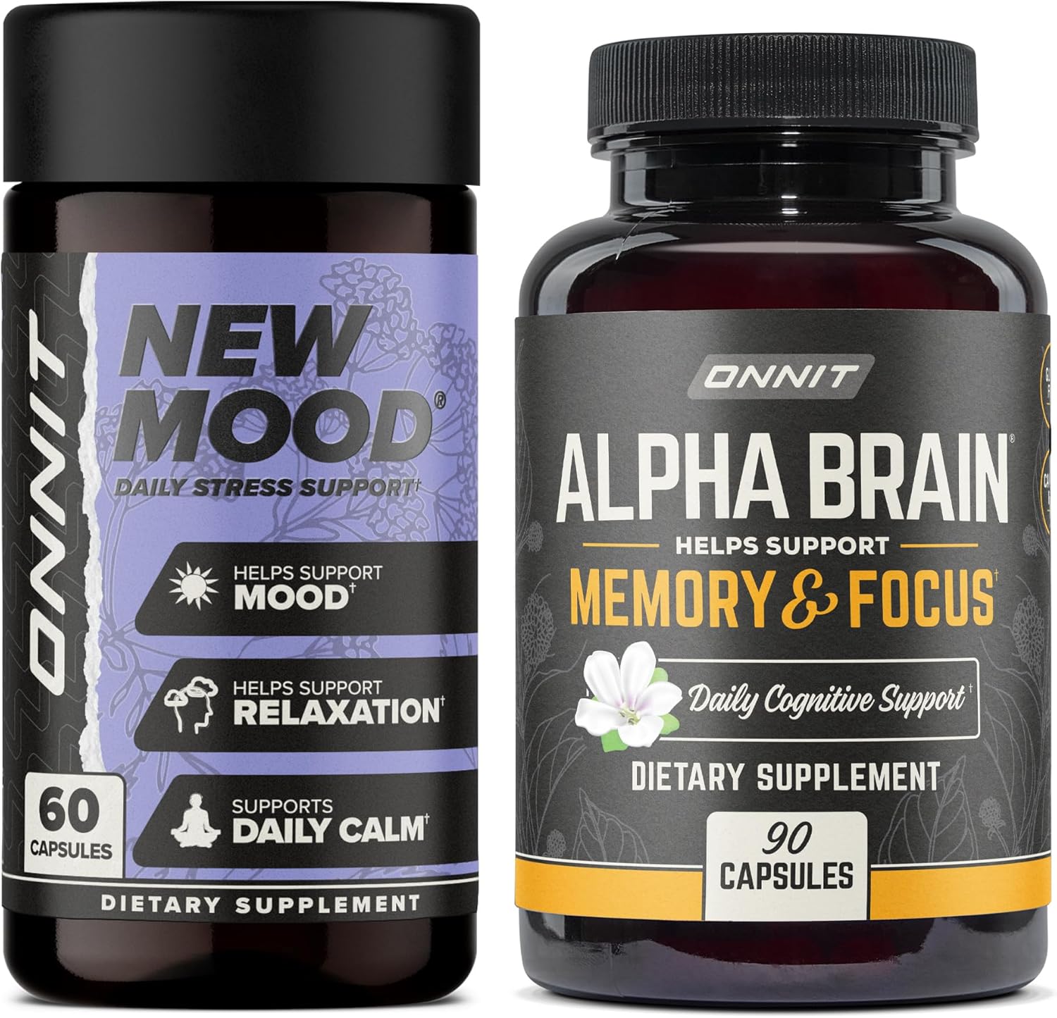 Premium ONNIT Alpha Brain & New Mood Bundle - Nootropic & Mood Support Supplements (90 + 60 Count) for Focus, Memory, Stress Relief & Sleep
