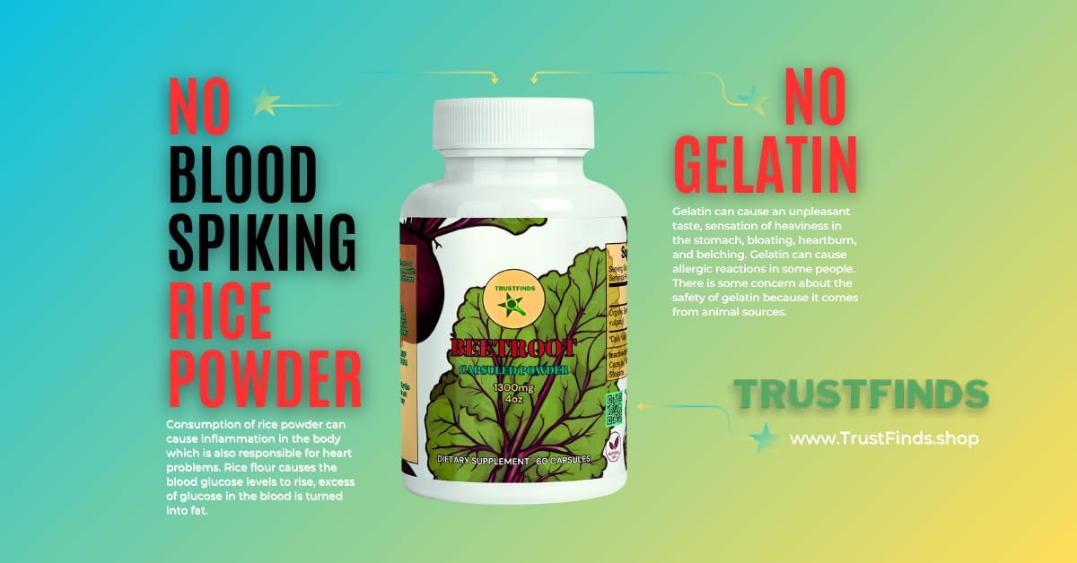 Premium Organic Beetroot Powder Capsules - 1300mg per Serving, 60 Capsules - 100% Natural, Gluten-Free, Sugar-Free, Vegan Friendly - No Rice Powder, No Gelatin - Trustfinds