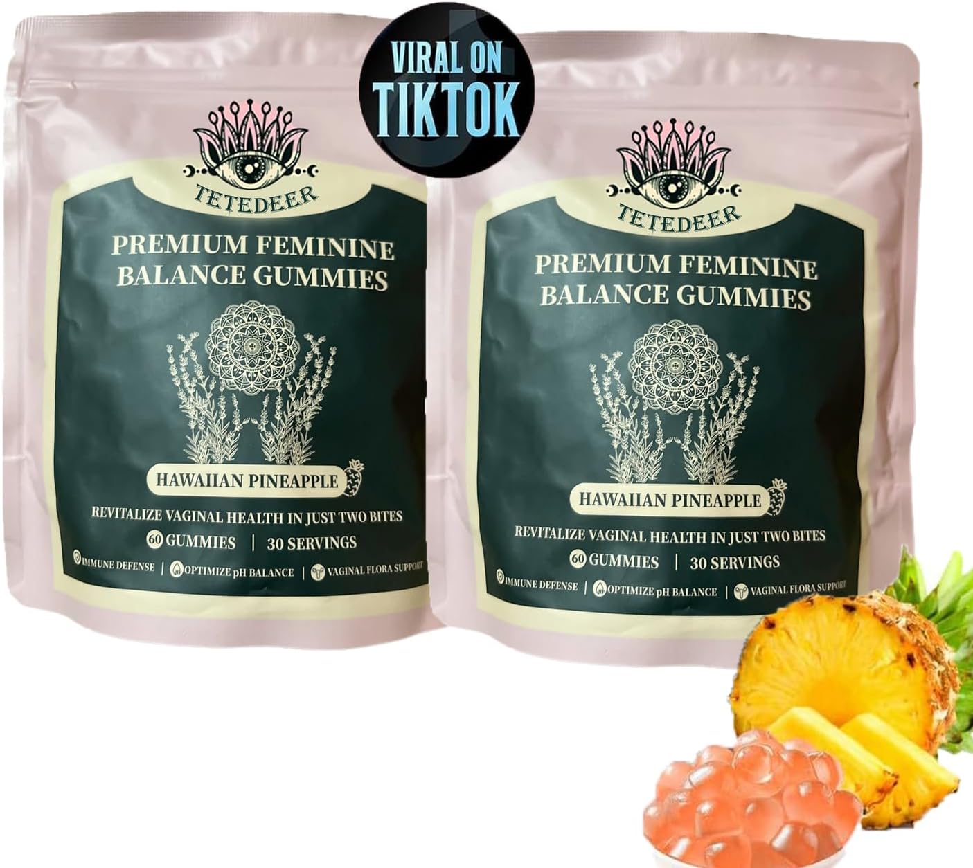 Premium Organic Feminine Balance Gummies for Women's Health - Boost Immune System, Hawaiian Pineapple Flavor, Vegan & Gluten-Free (2 Pack)