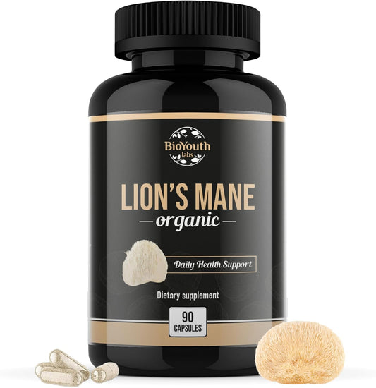 Premium Organic Lions Mane Brain Support Supplement - 90 Capsules of BioYouth Lions Mane Mushroom Extract