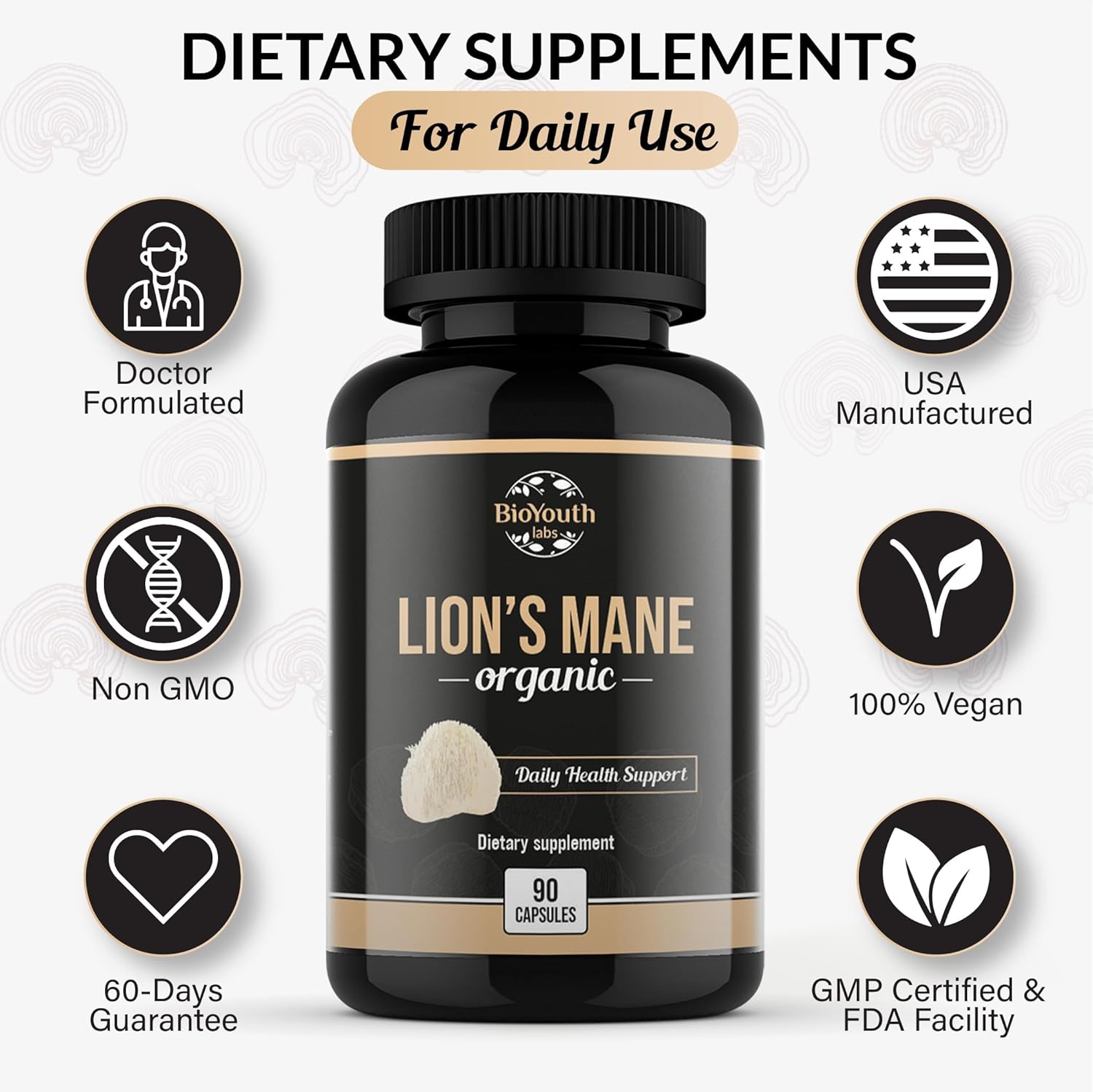 Premium Organic Lions Mane Brain Support Supplement - 90 Capsules of BioYouth Lions Mane Mushroom Extract