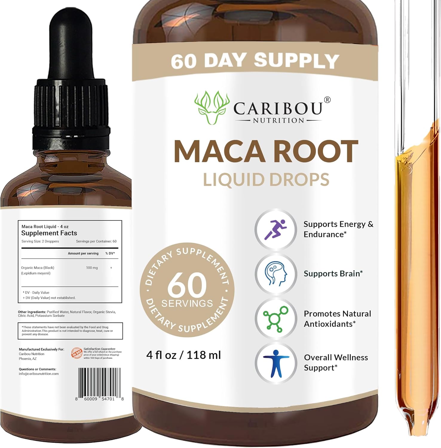 Premium Organic Maca Root Liquid Drops for Enhanced Mood & Vitality | Caribou Nutrition Maca Extract | 60 Servings, 4 Fl Oz Bottle