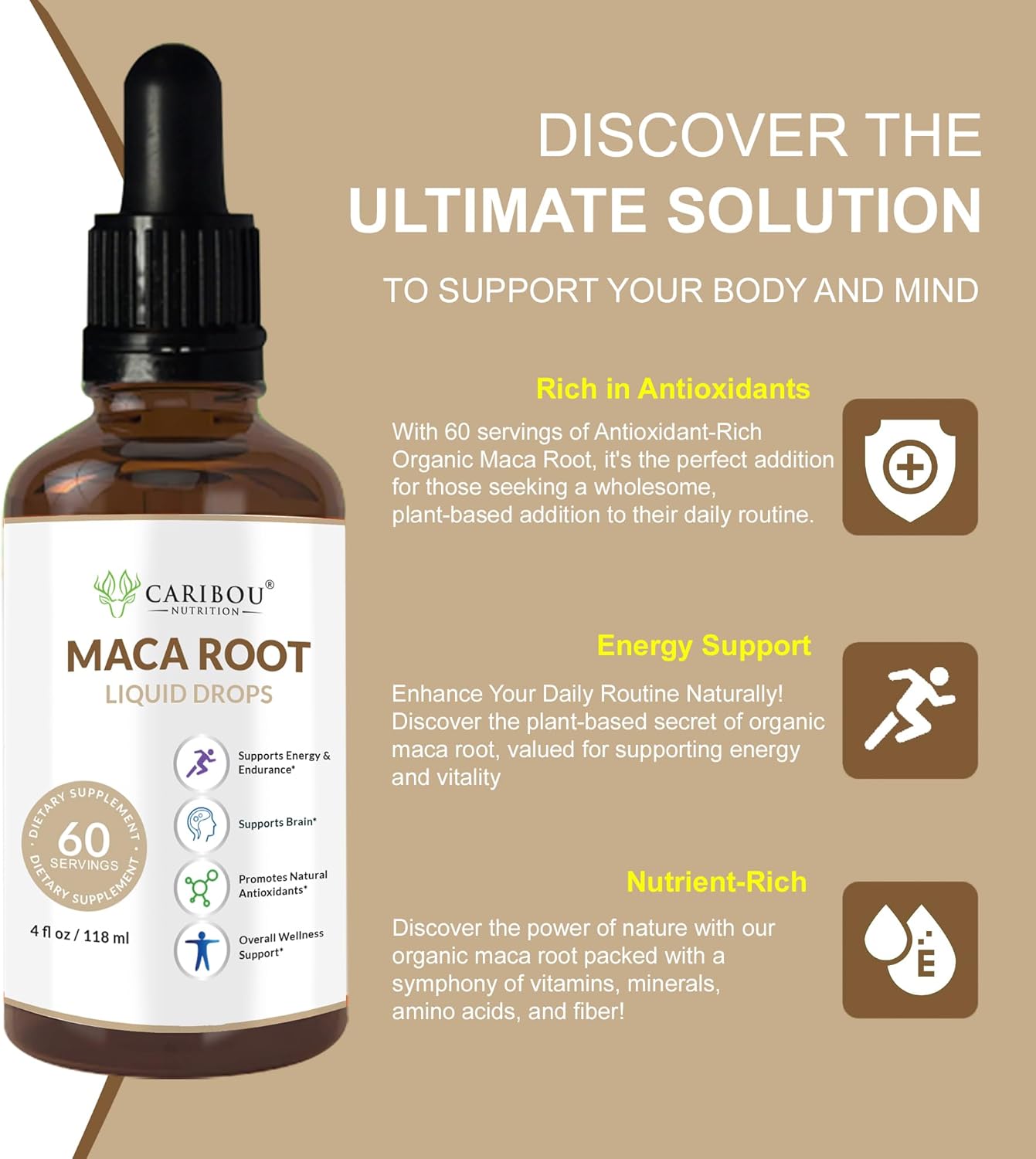 Premium Organic Maca Root Liquid Drops for Enhanced Mood & Vitality | Caribou Nutrition Maca Extract | 60 Servings, 4 Fl Oz Bottle