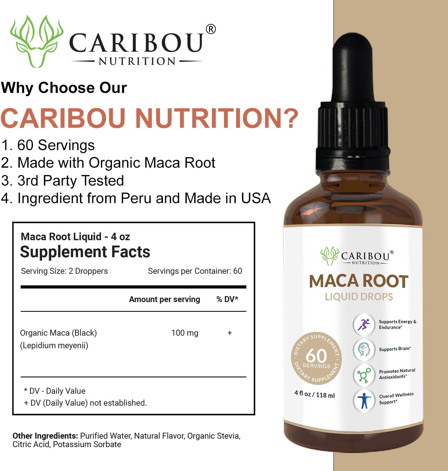 Premium Organic Maca Root Liquid Drops for Enhanced Mood & Vitality | Caribou Nutrition Maca Extract | 60 Servings, 4 Fl Oz Bottle