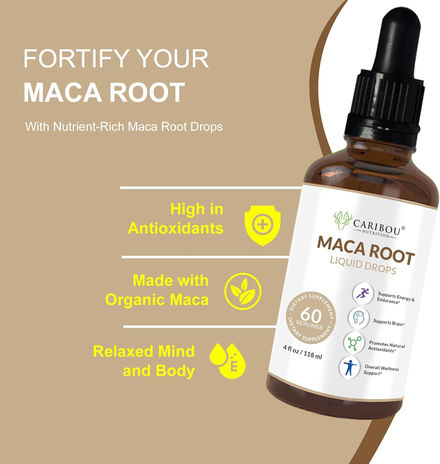 Premium Organic Maca Root Liquid Drops for Enhanced Mood & Vitality | Caribou Nutrition Maca Extract | 60 Servings, 4 Fl Oz Bottle