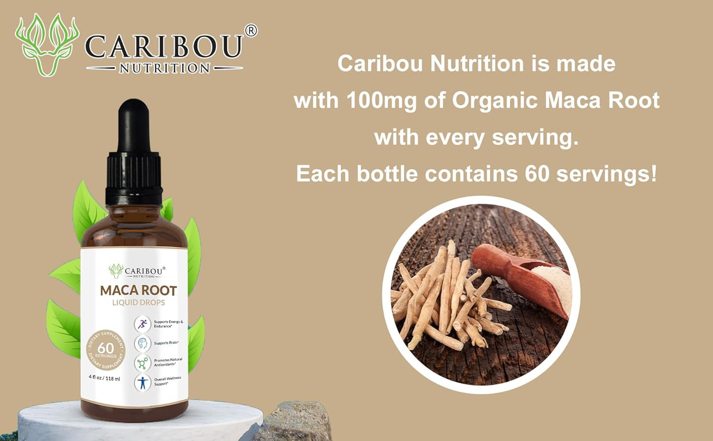 Premium Organic Maca Root Liquid Drops for Enhanced Mood & Vitality | Caribou Nutrition Maca Extract | 60 Servings, 4 Fl Oz Bottle