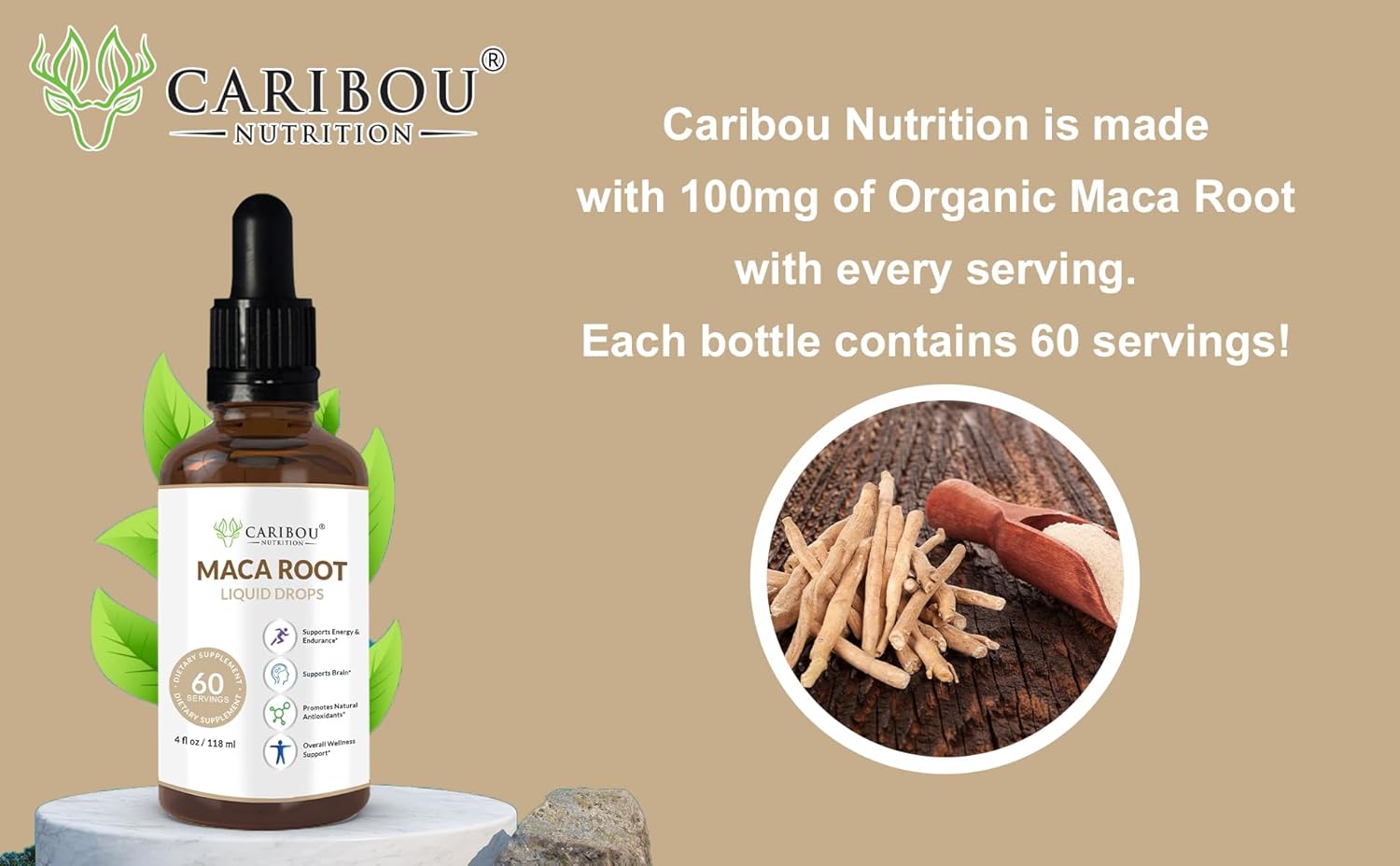Premium Organic Maca Root Liquid Drops for Enhanced Mood & Vitality | Caribou Nutrition Maca Extract | 60 Servings, 4 Fl Oz Bottle