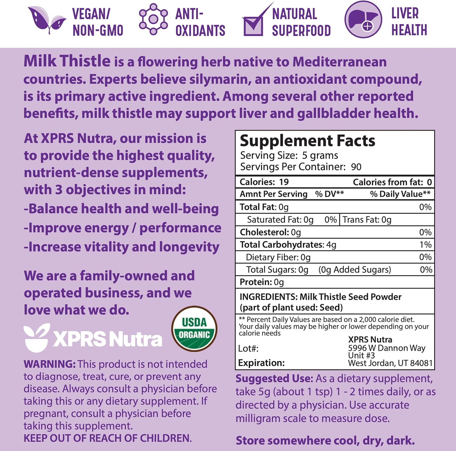 Premium Organic Milk Thistle Seed Powder - Rich in Silymarin & Antioxidants - Supports Liver Health - Vegan Friendly - 16 oz