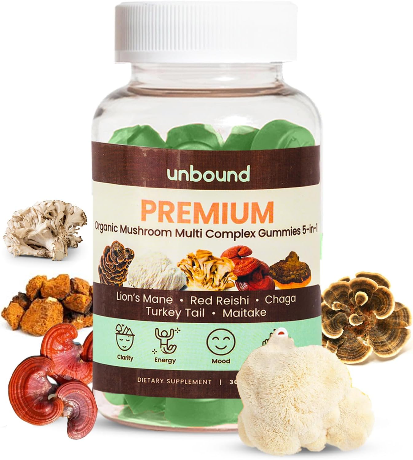Premium Organic Mushroom Gummies for Memory Support - 5 in 1 Complex with Chaga, Lion's Mane, Reishi, Turkey Tail, Maitake - 30 Gummies