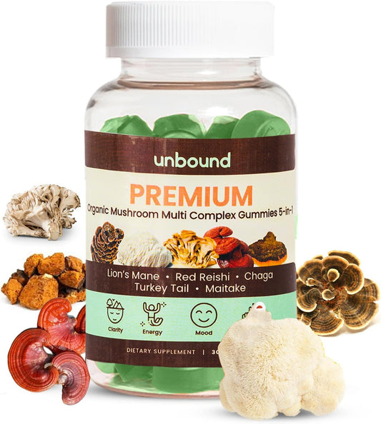 Premium Organic Mushroom Gummies for Memory Support - 5 in 1 Complex with Chaga, Lion's Mane, Reishi, Turkey Tail, Maitake - 30 Gummies