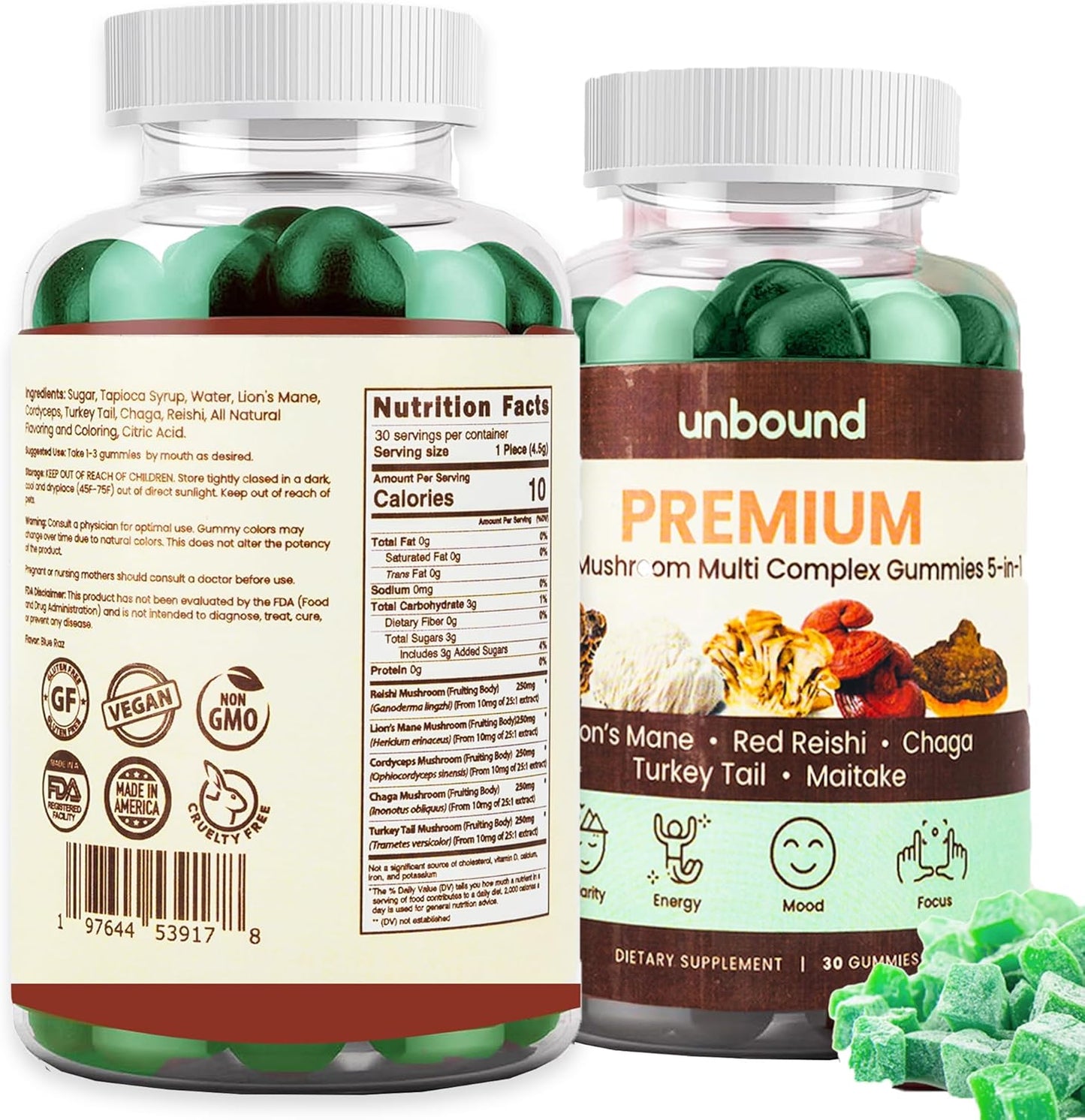 Premium Organic Mushroom Gummies for Memory Support - 5 in 1 Complex with Chaga, Lion's Mane, Reishi, Turkey Tail, Maitake - 30 Gummies