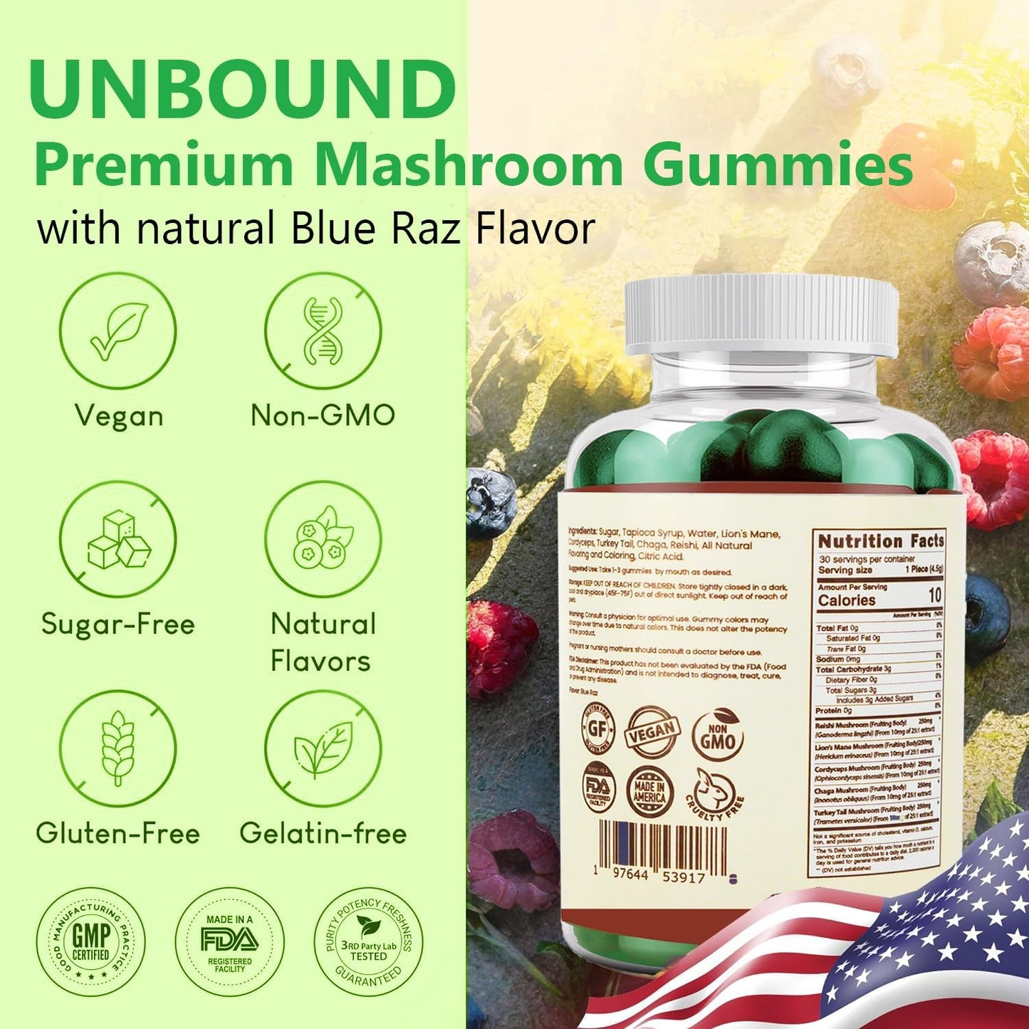Premium Organic Mushroom Gummies for Memory Support - 5 in 1 Complex with Chaga, Lion's Mane, Reishi, Turkey Tail, Maitake - 30 Gummies