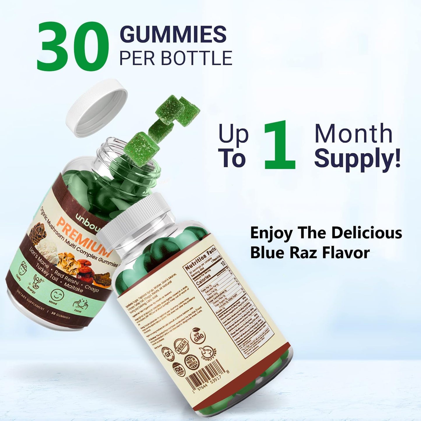 Premium Organic Mushroom Gummies for Memory Support - 5 in 1 Complex with Chaga, Lion's Mane, Reishi, Turkey Tail, Maitake - 30 Gummies