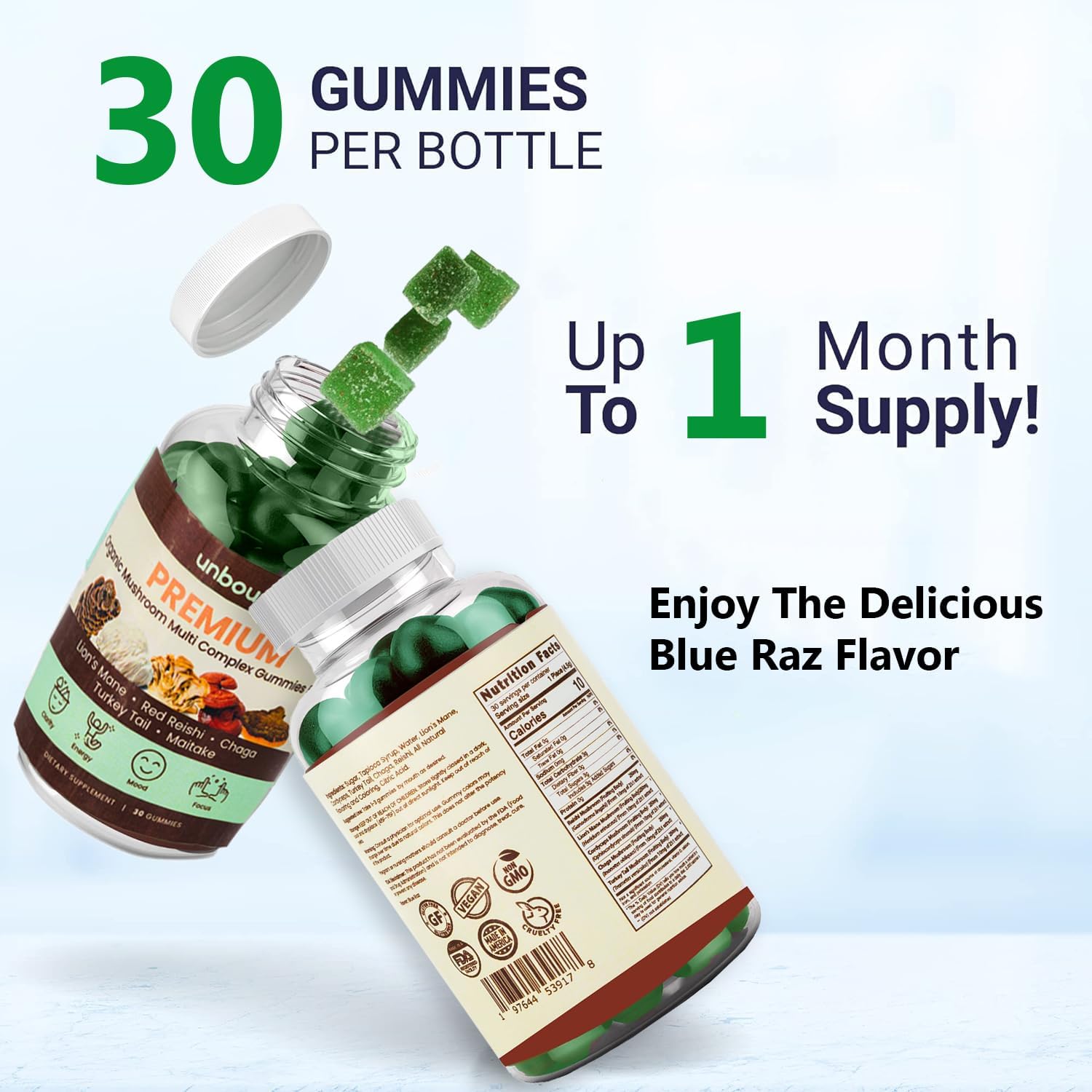 Premium Organic Mushroom Gummies for Memory Support - 5 in 1 Complex with Chaga, Lion's Mane, Reishi, Turkey Tail, Maitake - 30 Gummies