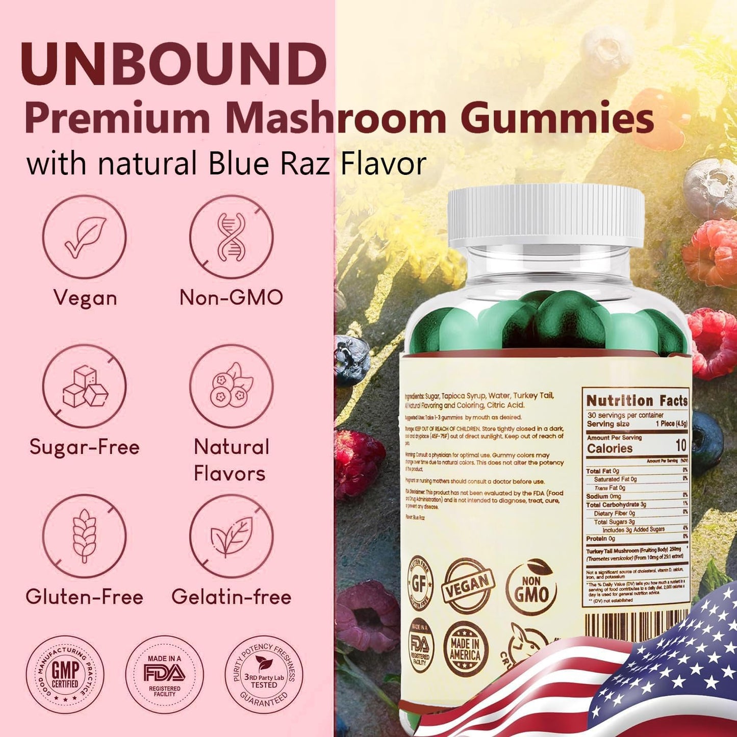 Premium Organic Mushroom Gummies for Memory Support - 5 in 1 Complex with Chaga, Lion's Mane, Reishi, Turkey Tail, Maitake - 30 Gummies