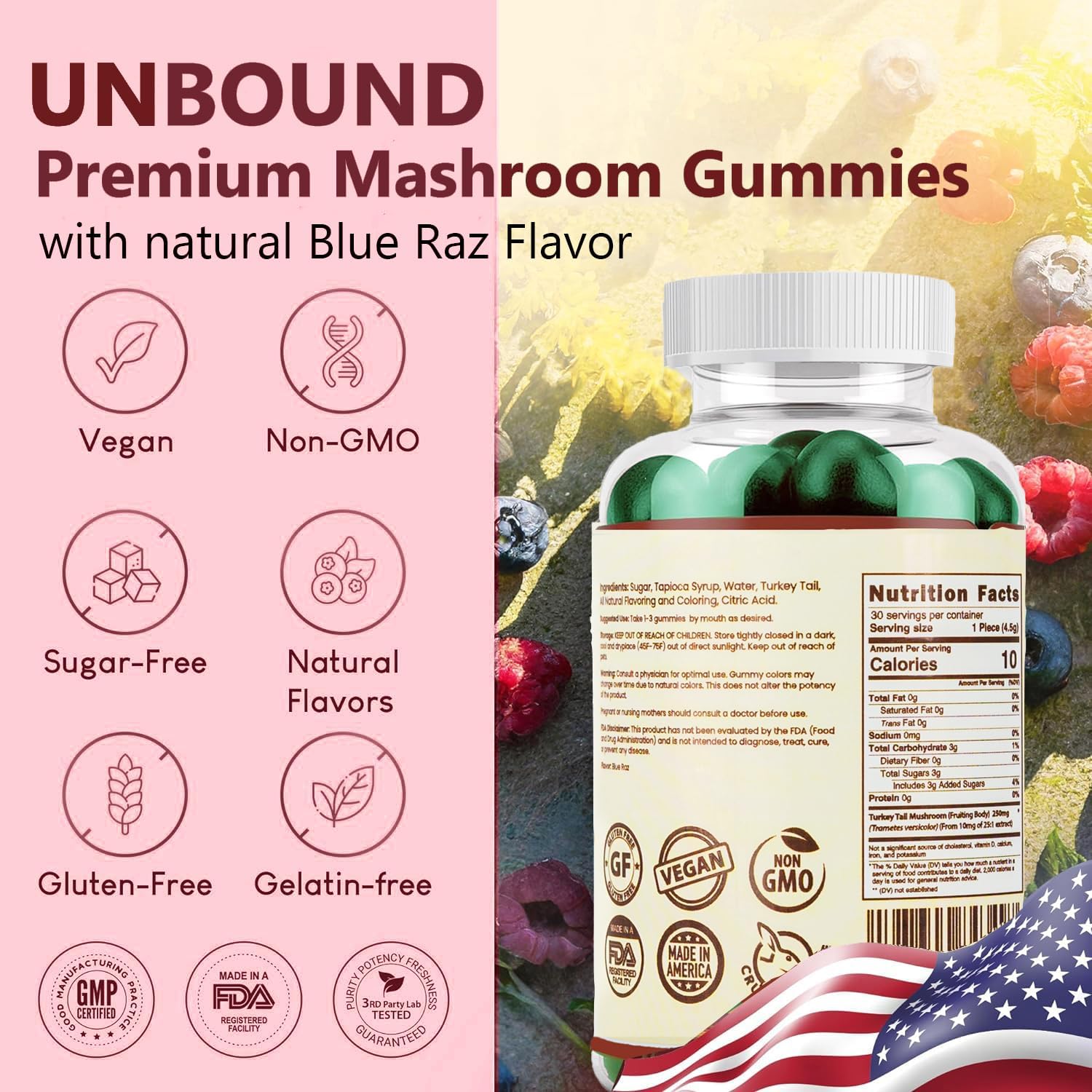Premium Organic Mushroom Gummies for Memory Support - 5 in 1 Complex with Chaga, Lion's Mane, Reishi, Turkey Tail, Maitake - 30 Gummies