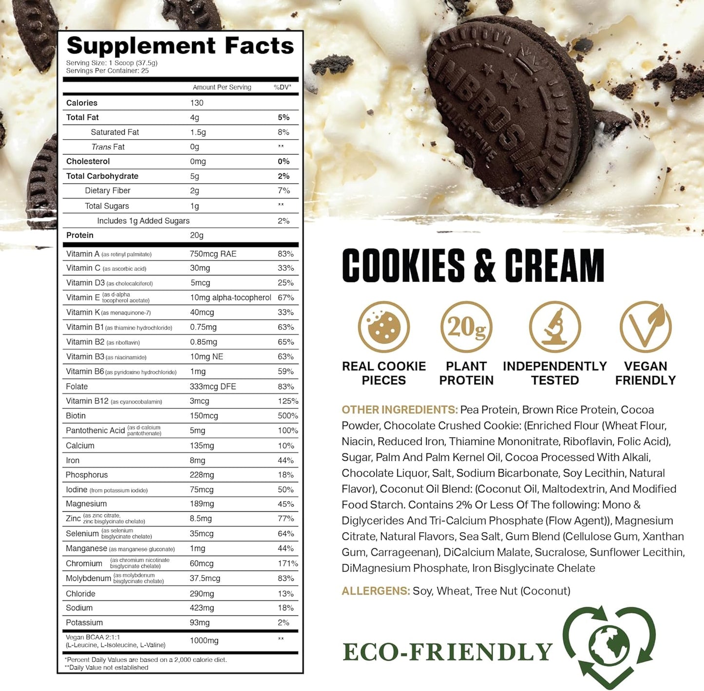 Premium Organic Plant-Based Protein Powder - Vegan & Keto Friendly with Gourmet Flavors | Ambrosia Planta - No Bloating, Gluten or Added Sugar | 25 Servings | Cookies Cream Flavor