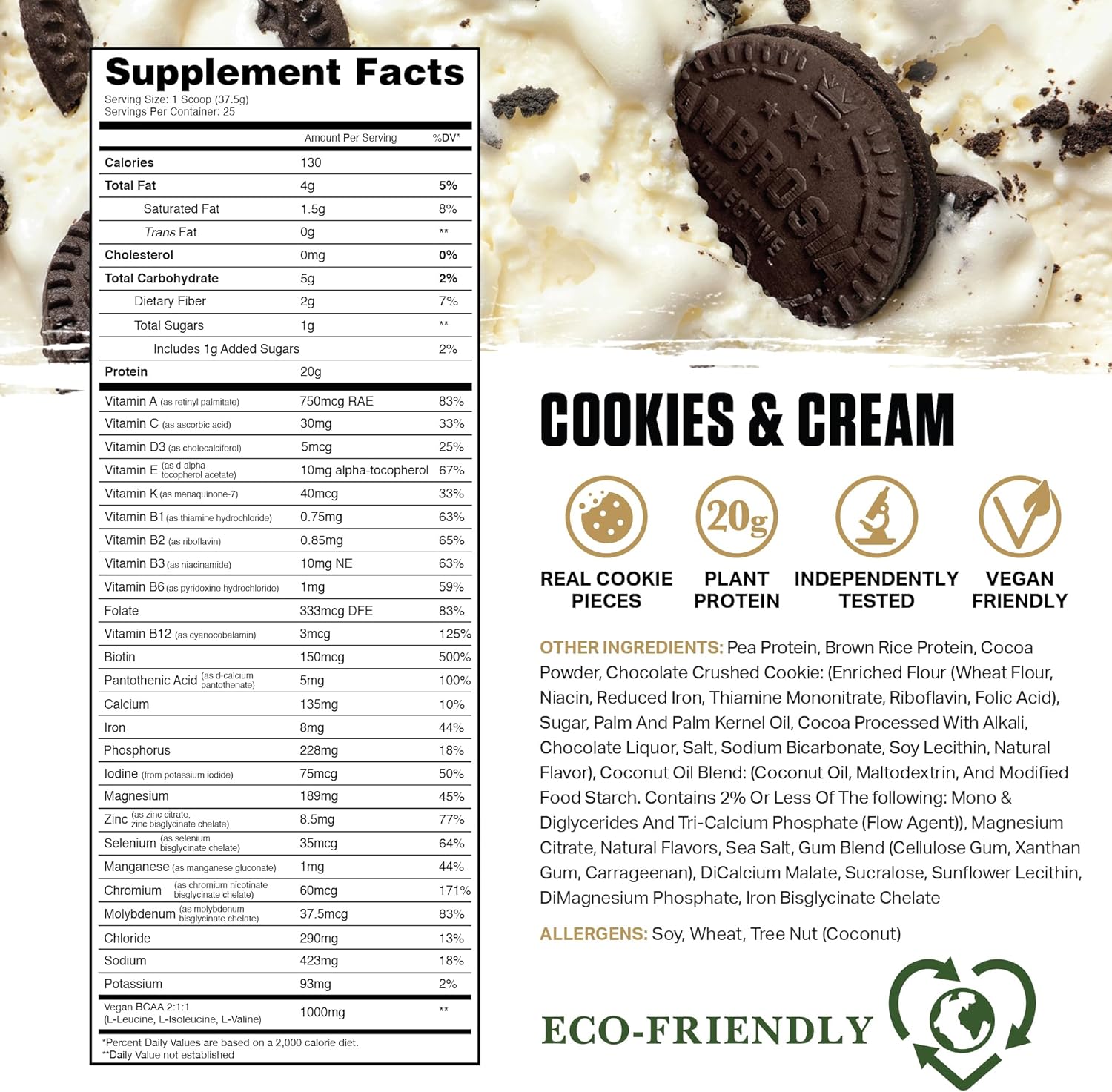 Premium Organic Plant-Based Protein Powder - Vegan & Keto Friendly with Gourmet Flavors | Ambrosia Planta - No Bloating, Gluten or Added Sugar | 25 Servings | Cookies Cream Flavor