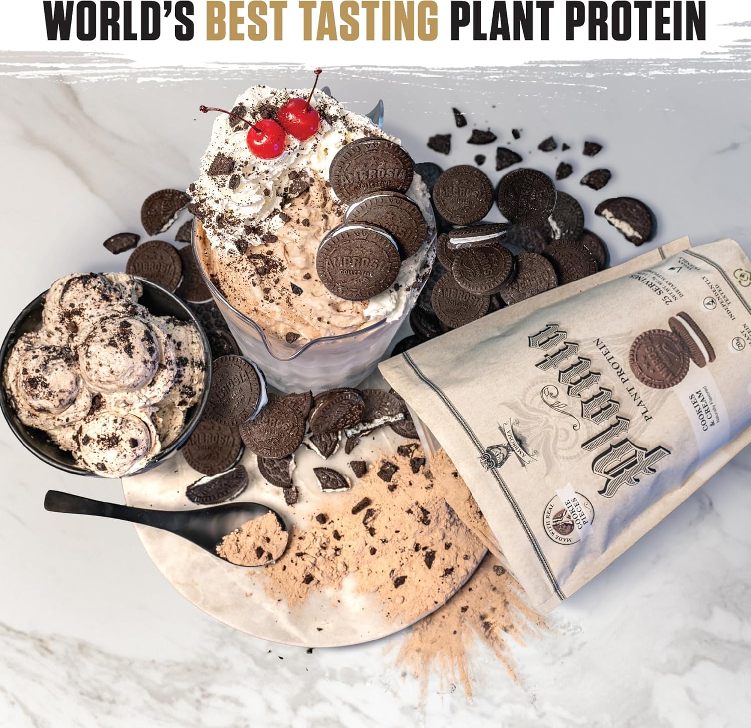 Premium Organic Plant-Based Protein Powder - Vegan & Keto Friendly with Gourmet Flavors | Ambrosia Planta - No Bloating, Gluten or Added Sugar | 25 Servings | Cookies Cream Flavor