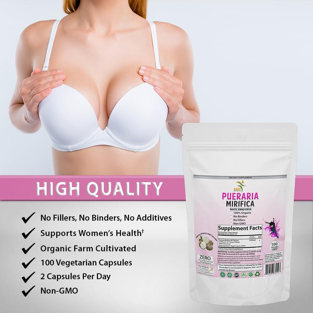 Premium Organic Pueraria Mirifica Extract Powder Capsules - 100% Potent 10:1 Formula, 2000mg Daily, Non GMO, Vegan - From Thailand