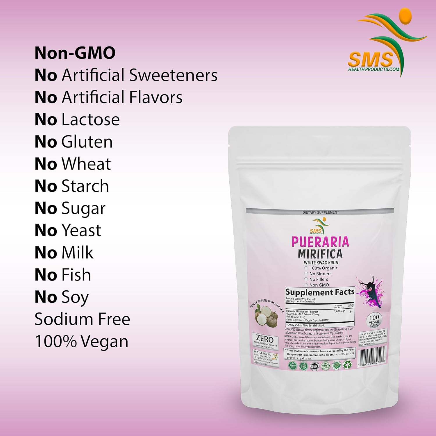 Premium Organic Pueraria Mirifica Extract Powder Capsules - 100% Potent 10:1 Formula, 2000mg Daily, Non GMO, Vegan - From Thailand