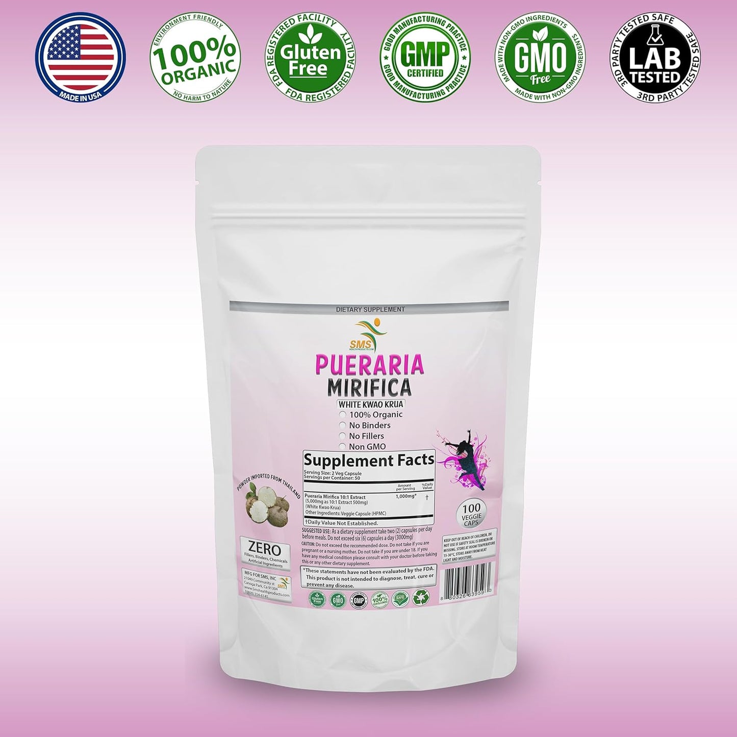 Premium Organic Pueraria Mirifica Extract Powder Capsules - 100% Potent 10:1 Formula, 2000mg Daily, Non GMO, Vegan - From Thailand