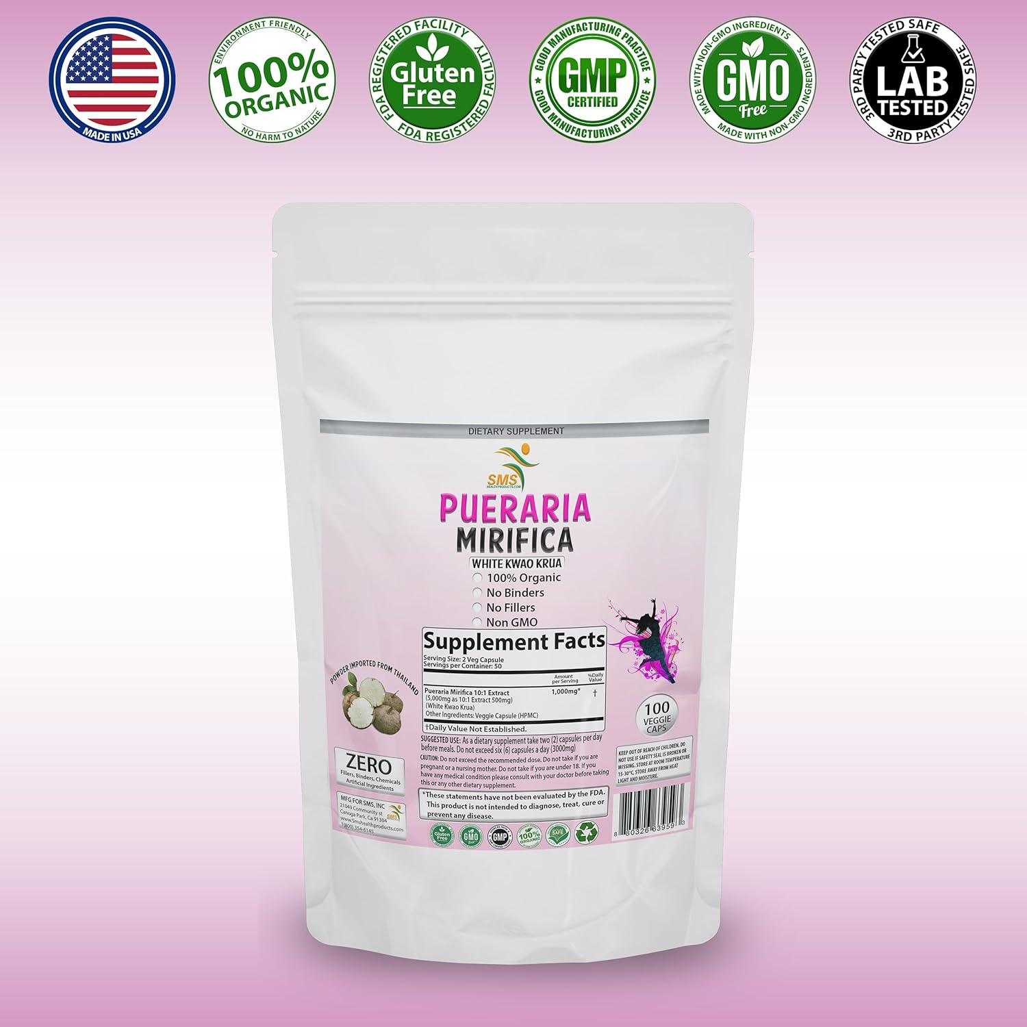 Premium Organic Pueraria Mirifica Extract Powder Capsules - 100% Potent 10:1 Formula, 2000mg Daily, Non GMO, Vegan - From Thailand