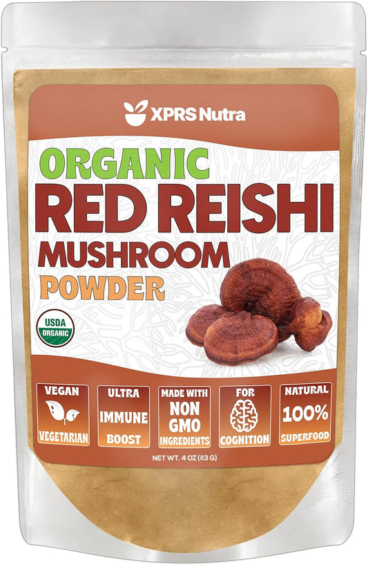 Premium Organic Red Reishi Mushroom Powder for Cognitive Support - Vegan Longevity and Energy Boost - 4 Ounce