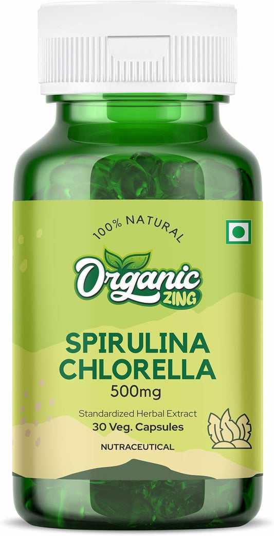 Premium Organic Spirulina Chlorella Capsules with Plant Vitamins - 30 Capsules of 500mg Powder Blend
