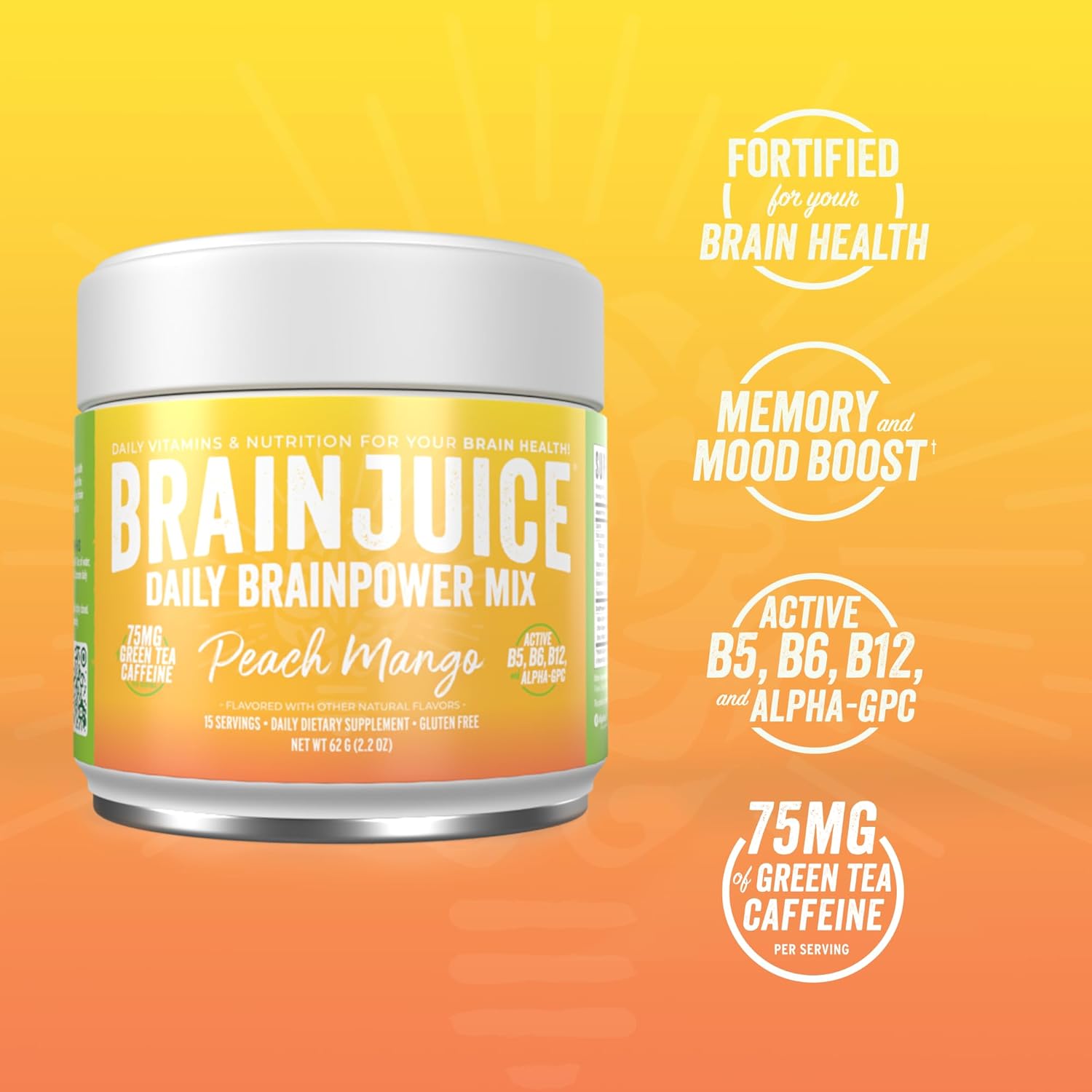 Premium Peach Mango BrainJuice Nootropic Supplement for Improved Energy, Focus, Memory, & Mood - Alpha GPC, Green Tea Extract, L-Theanine